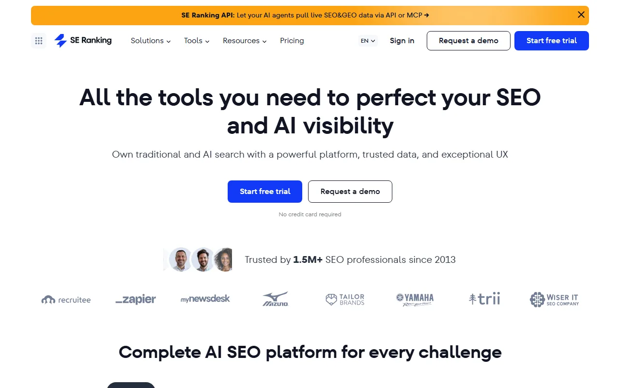 SE Ranking homepage screenshot