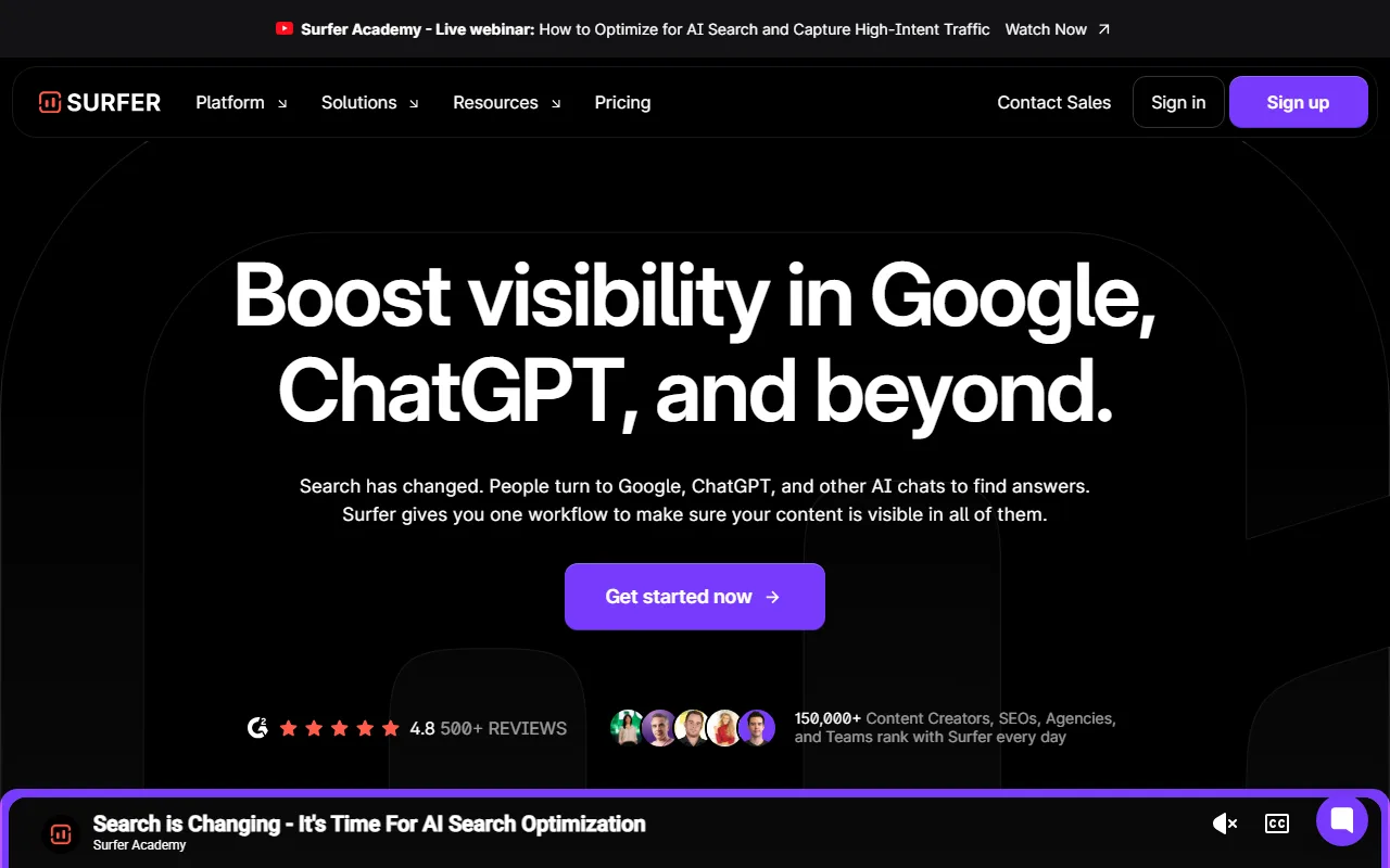 Surfer SEO homepage screenshot