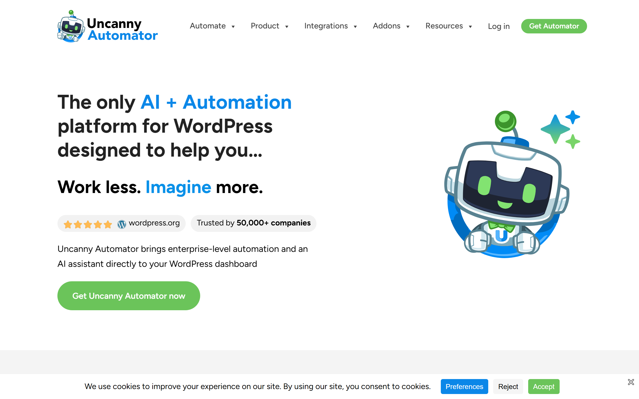 Uncanny Automator homepage showing WordPress workflow recipes