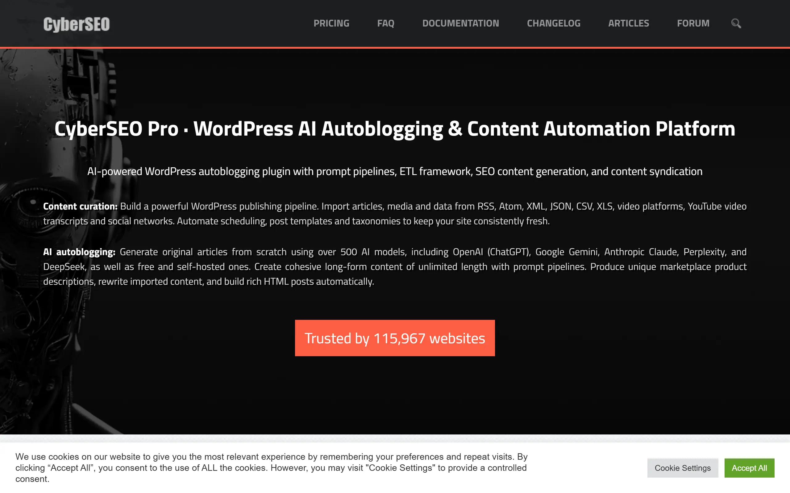 CyberSEO Pro homepage showing the WordPress autoblogging plugin