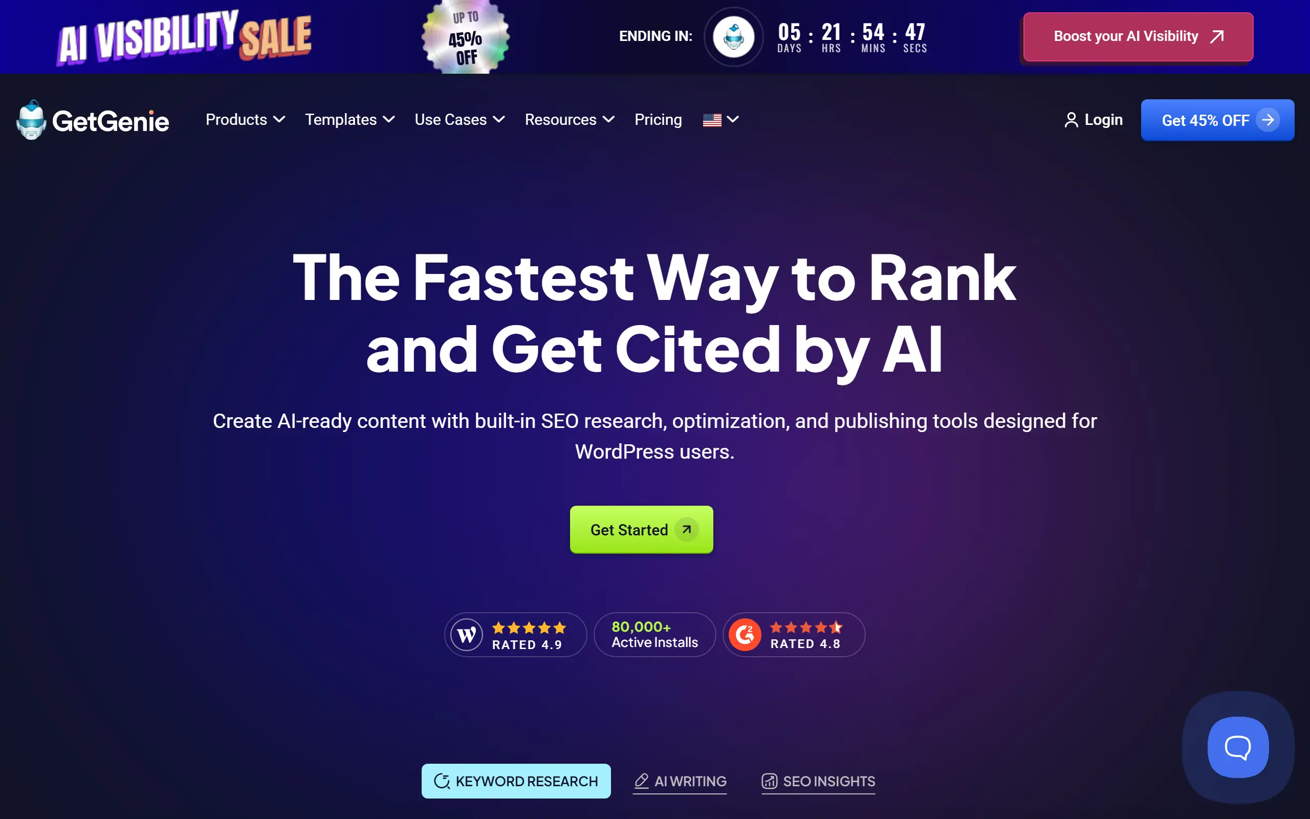 GetGenie AI homepage showing the WordPress AI writing plugin