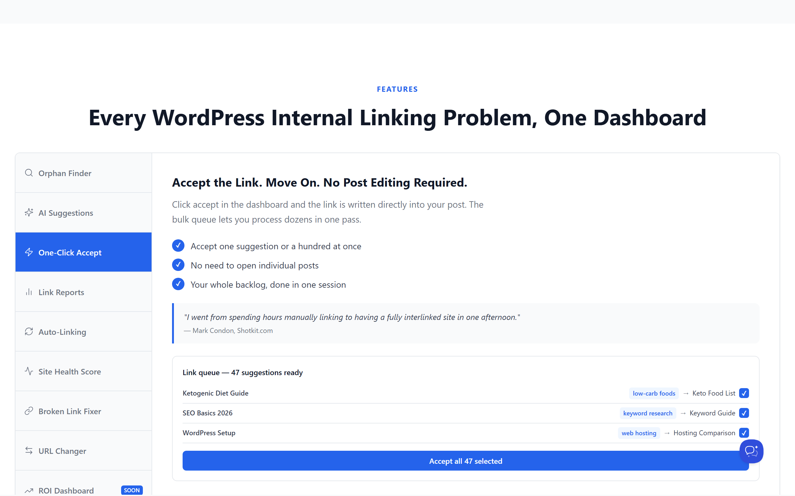 Link Whisper homepage showing automatic internal link suggestions for WordPress