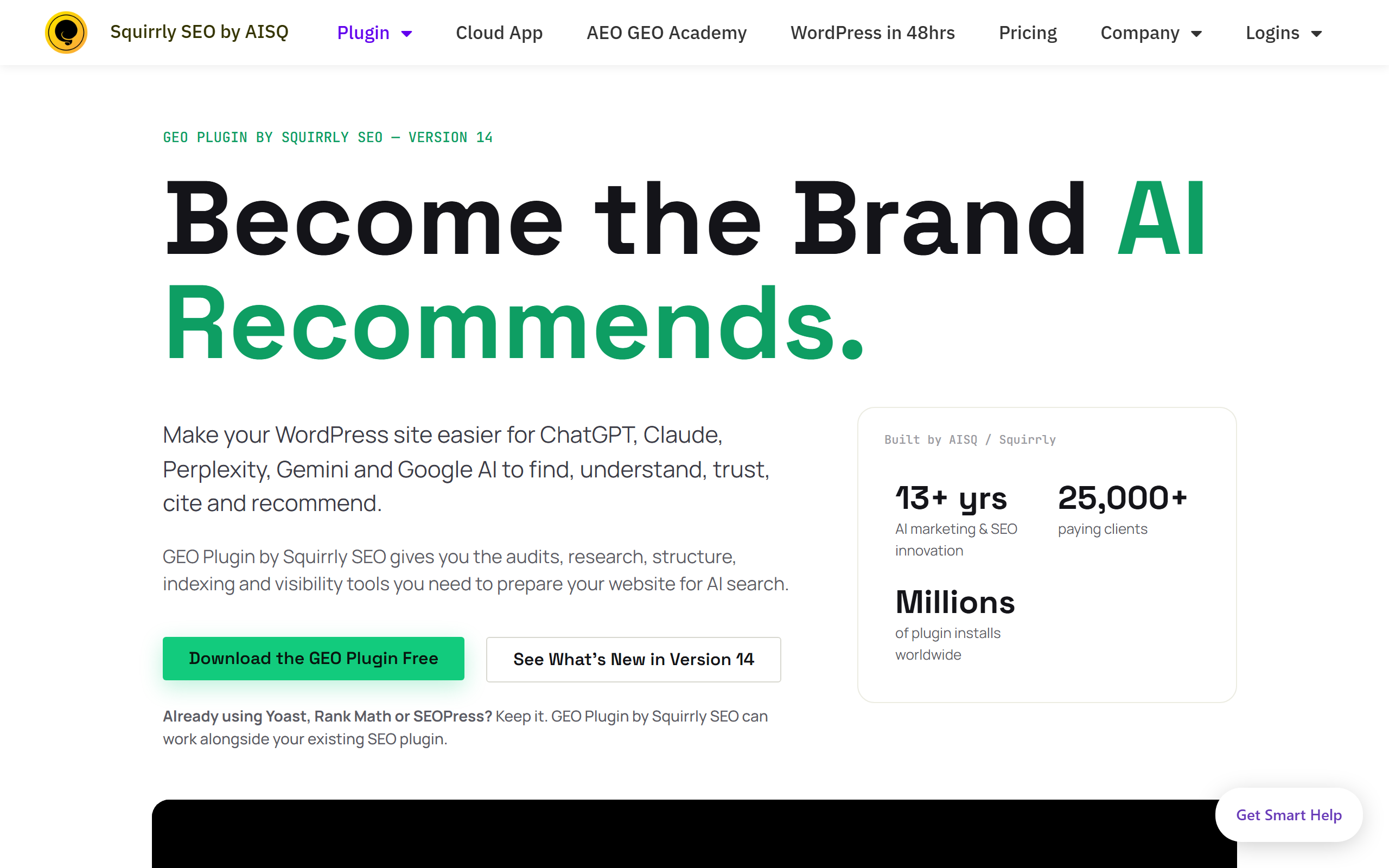 Squirrly SEO plugin page showing its automated audit and AI visibility features