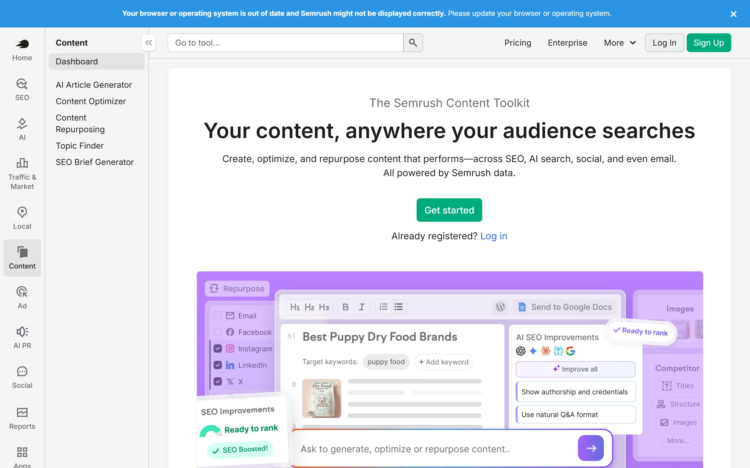 Semrush ContentShake AI product page screenshot