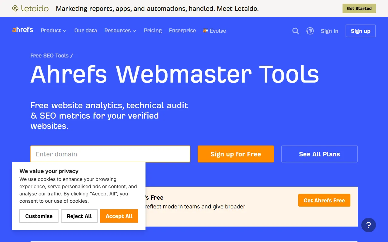 Ahrefs Webmaster Tools screenshot