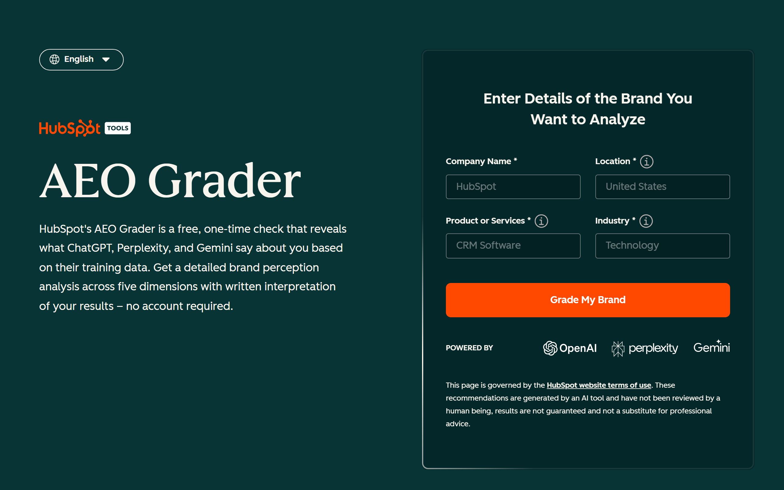 HubSpot AI Search Grader product page screenshot