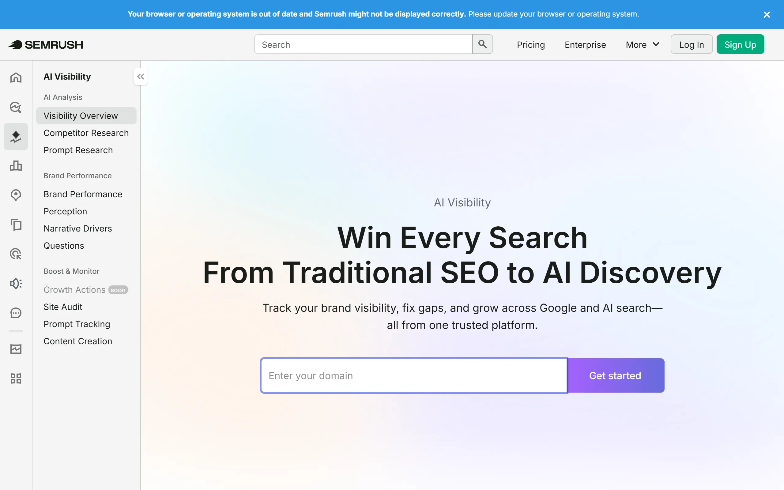 Semrush AI Visibility product page screenshot