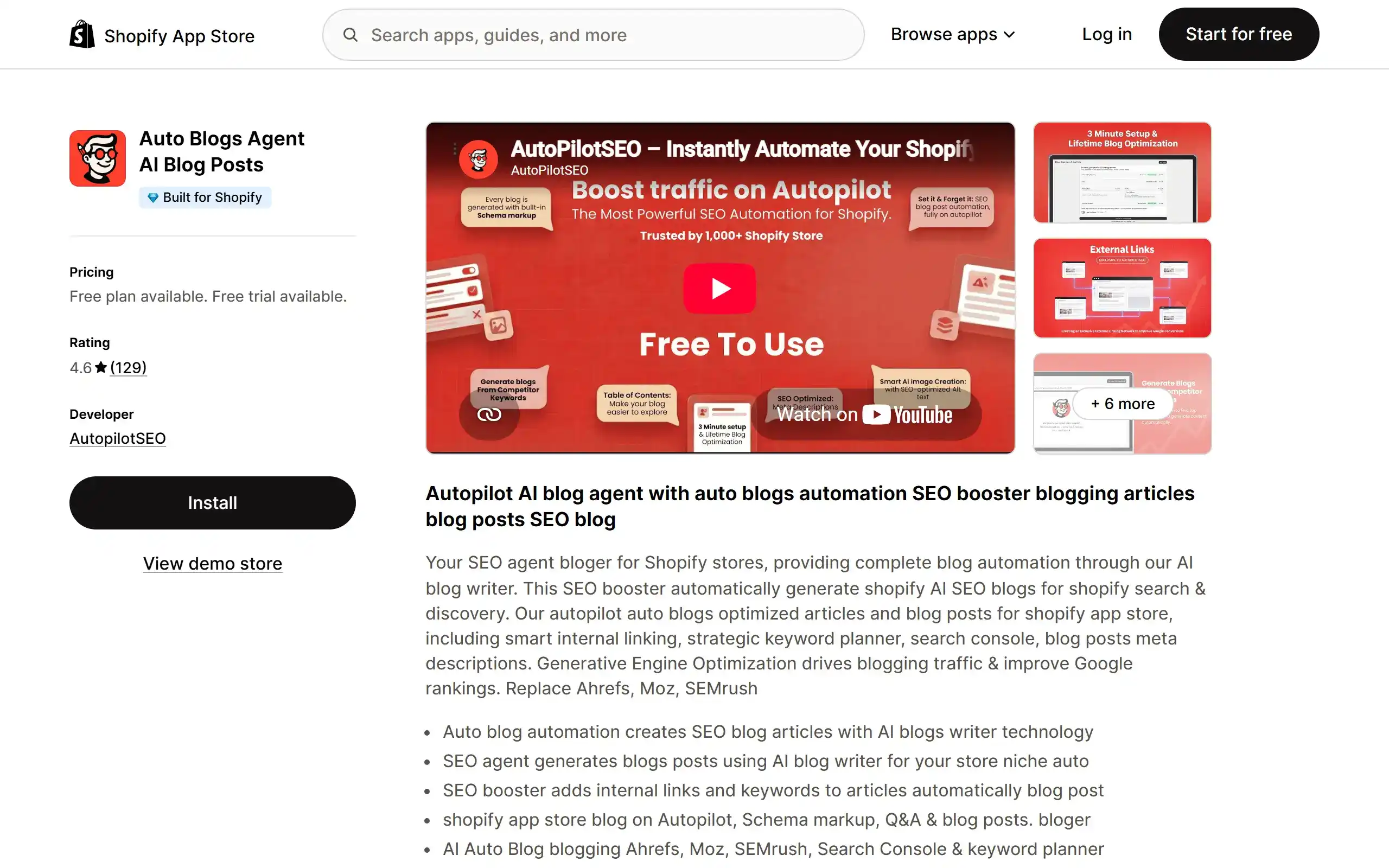 Auto Blogs Agent AI Blog Posts Shopify App Store listing screenshot