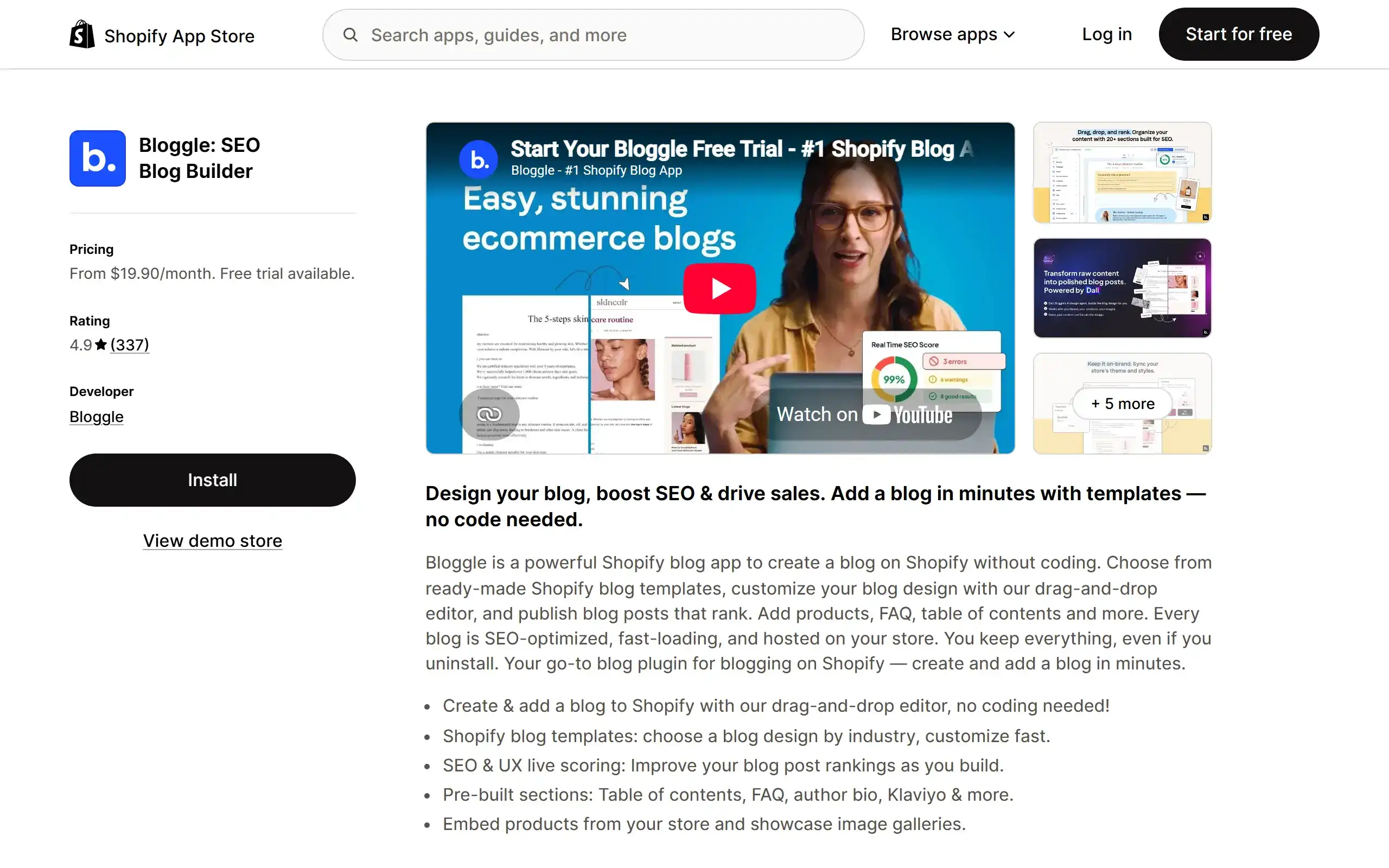 Bloggle: SEO Blog Builder Shopify App Store listing screenshot