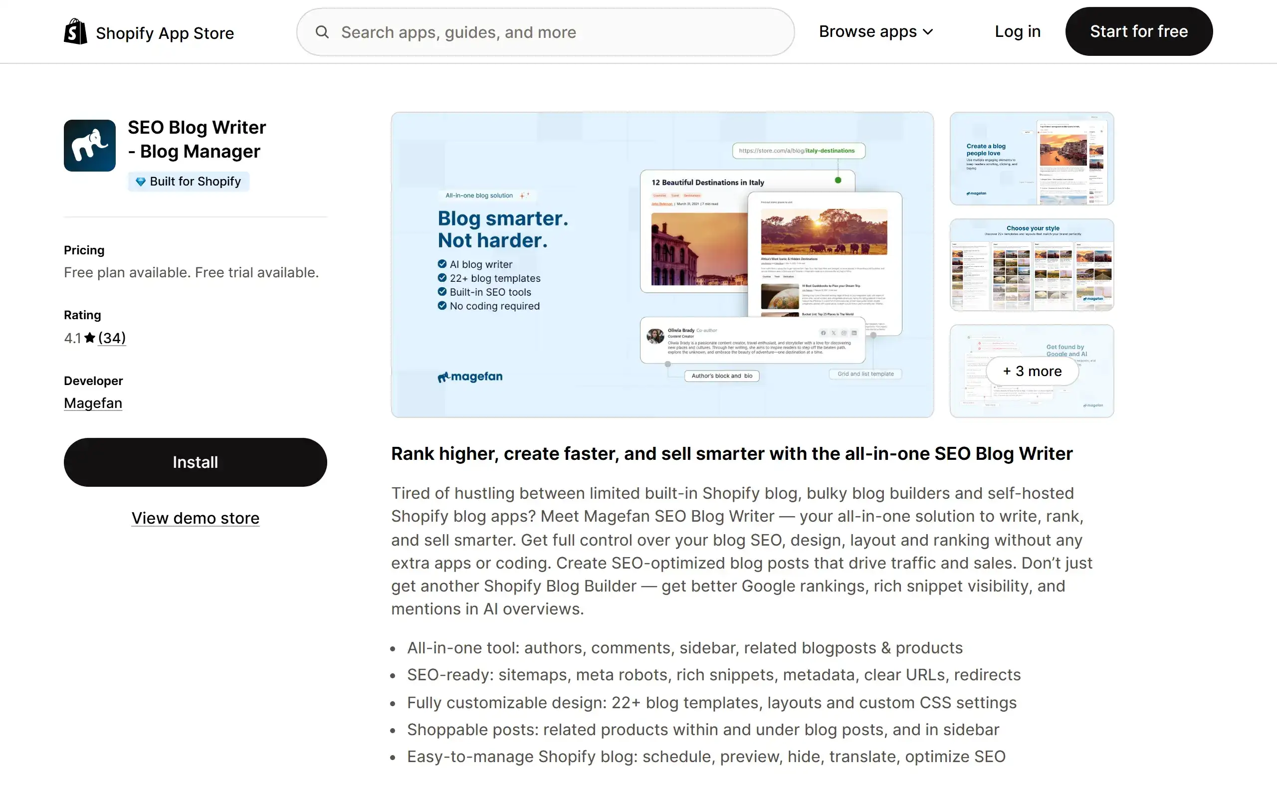 Magefan SEO Blog Writer Shopify App Store listing screenshot