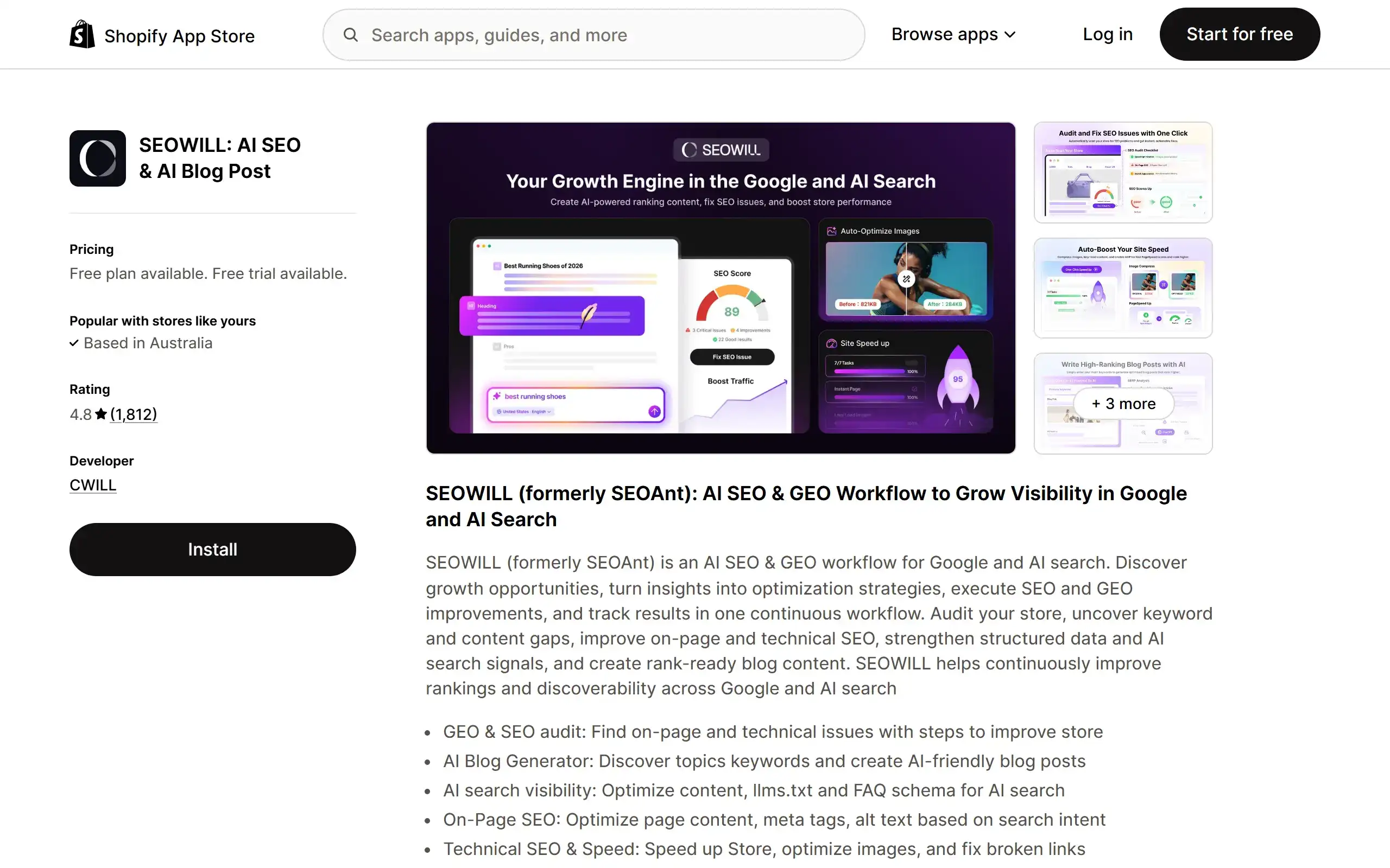 SEOWILL: AI SEO & AI Blog Post Shopify App Store listing screenshot