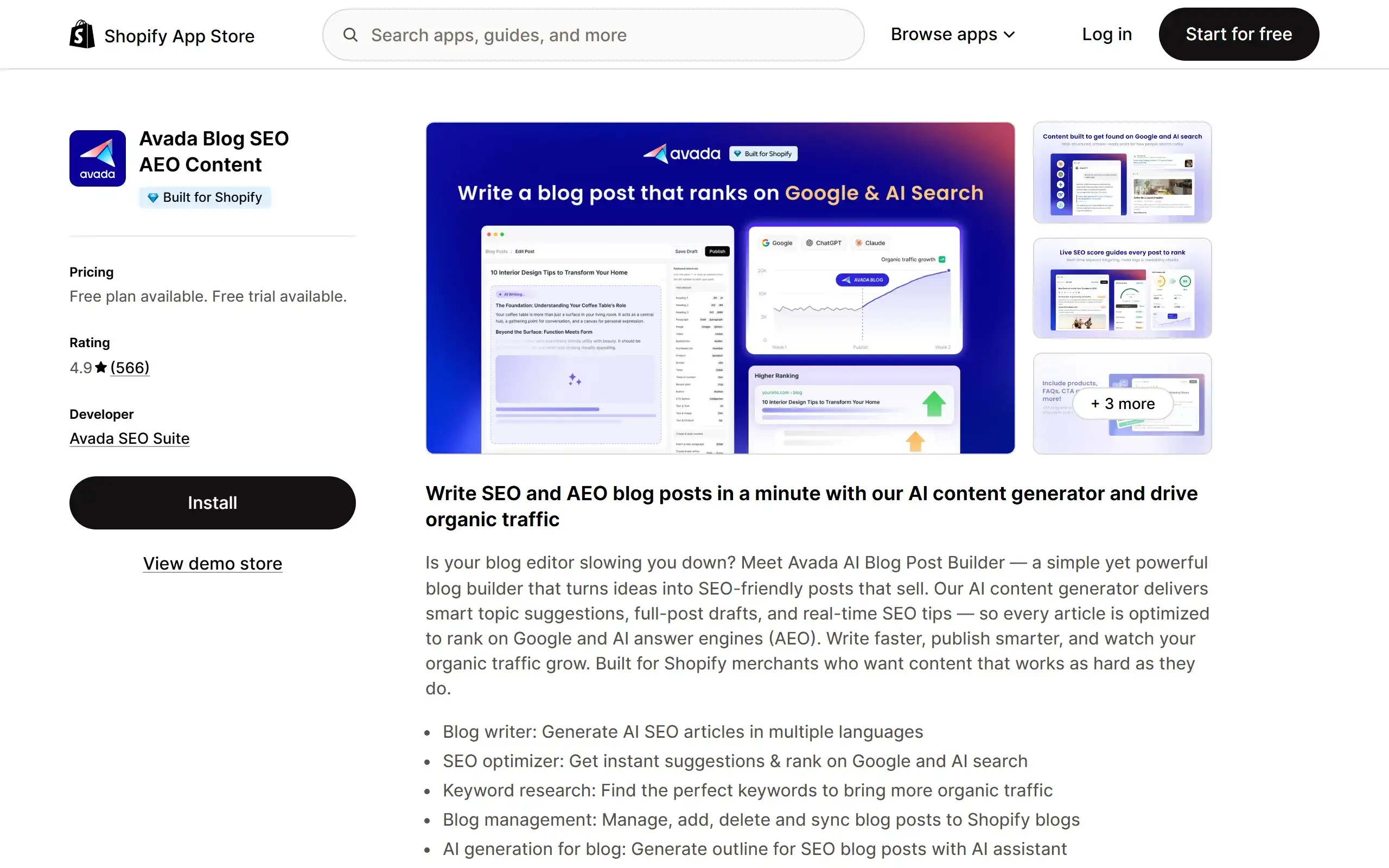 Avada Blog SEO AEO Content Shopify App Store listing screenshot