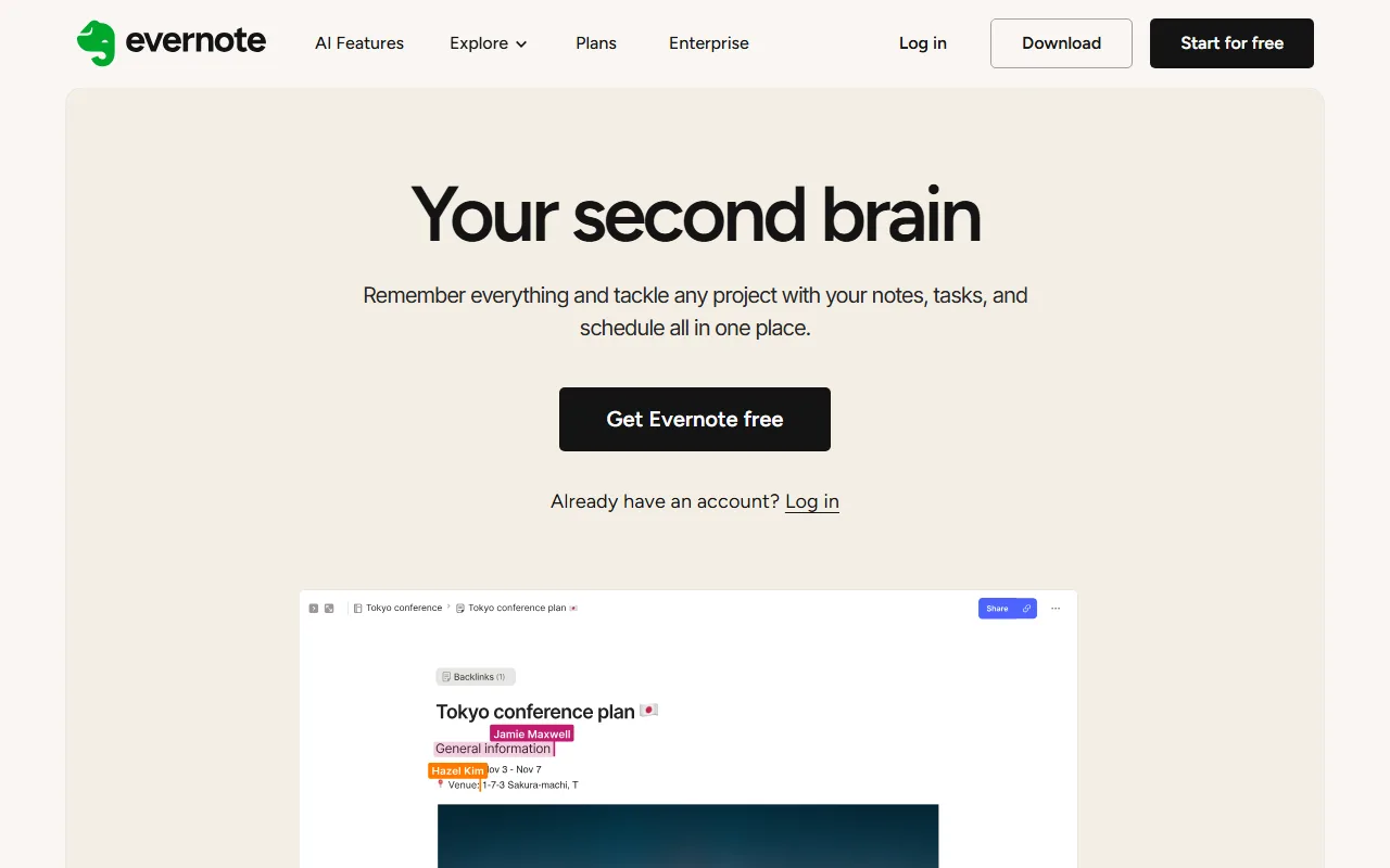 Evernote homepage screenshot