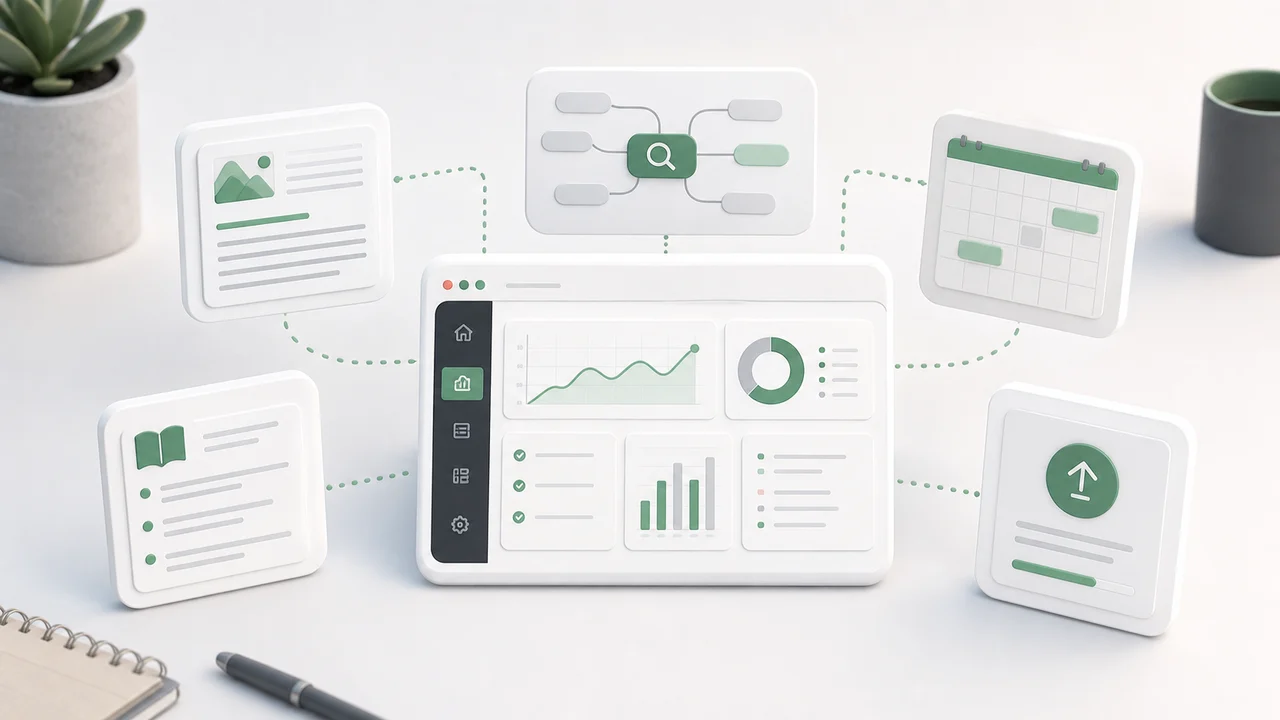 Illustration of a broad AI SEO toolkit with content, keyword, calendar, and publishing modules