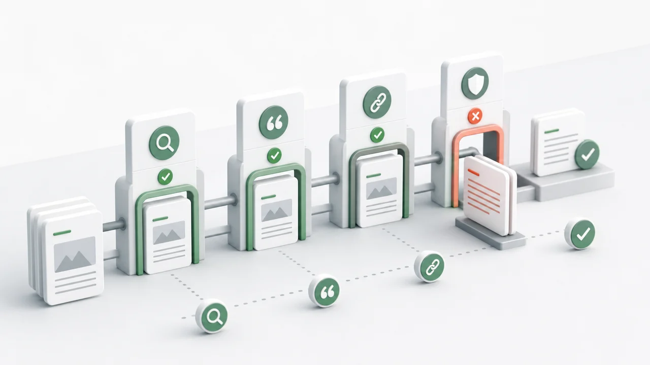 Illustration of a content workflow where a weak article is stopped by a quality gate
