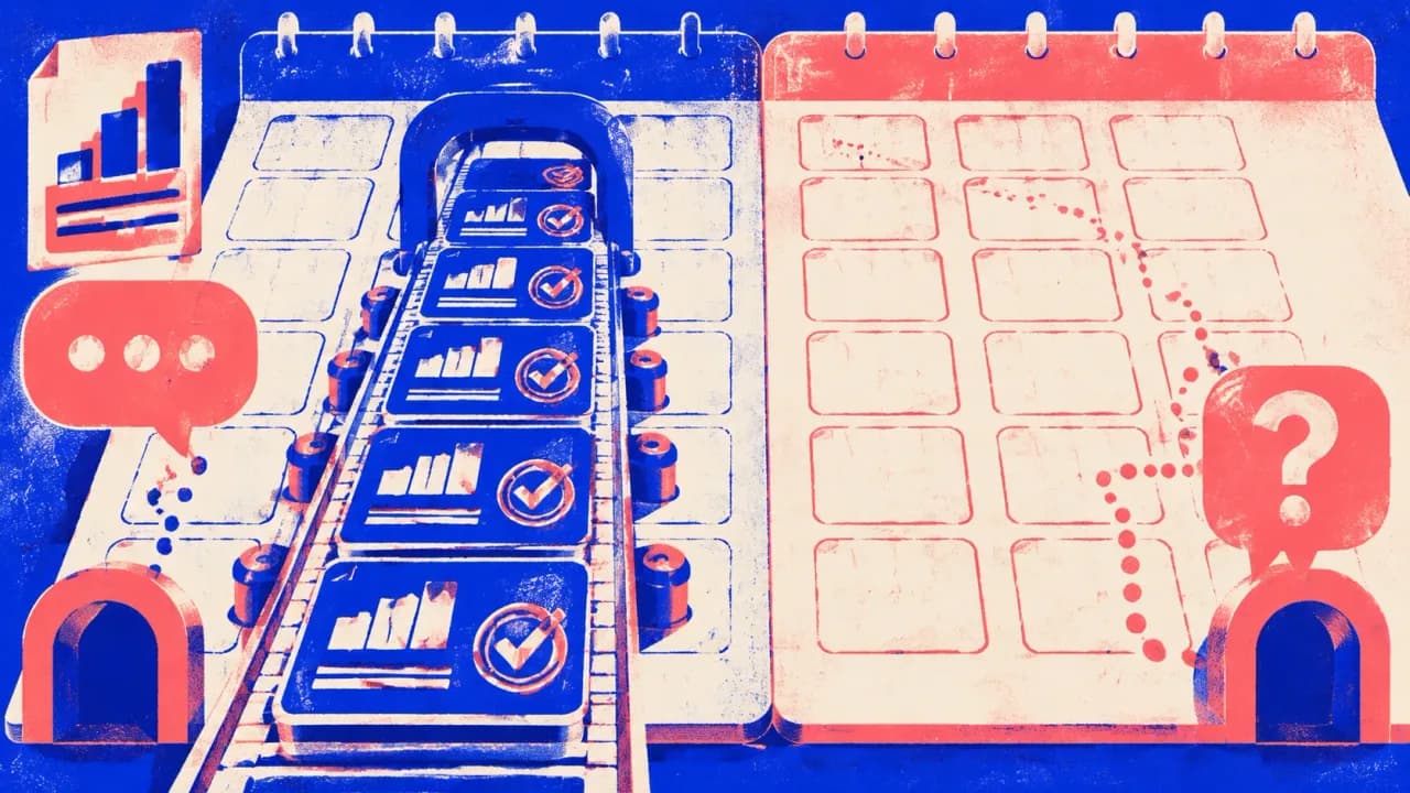 A conveyor of stamped reports running down a scheduled calendar beside a second calendar left empty