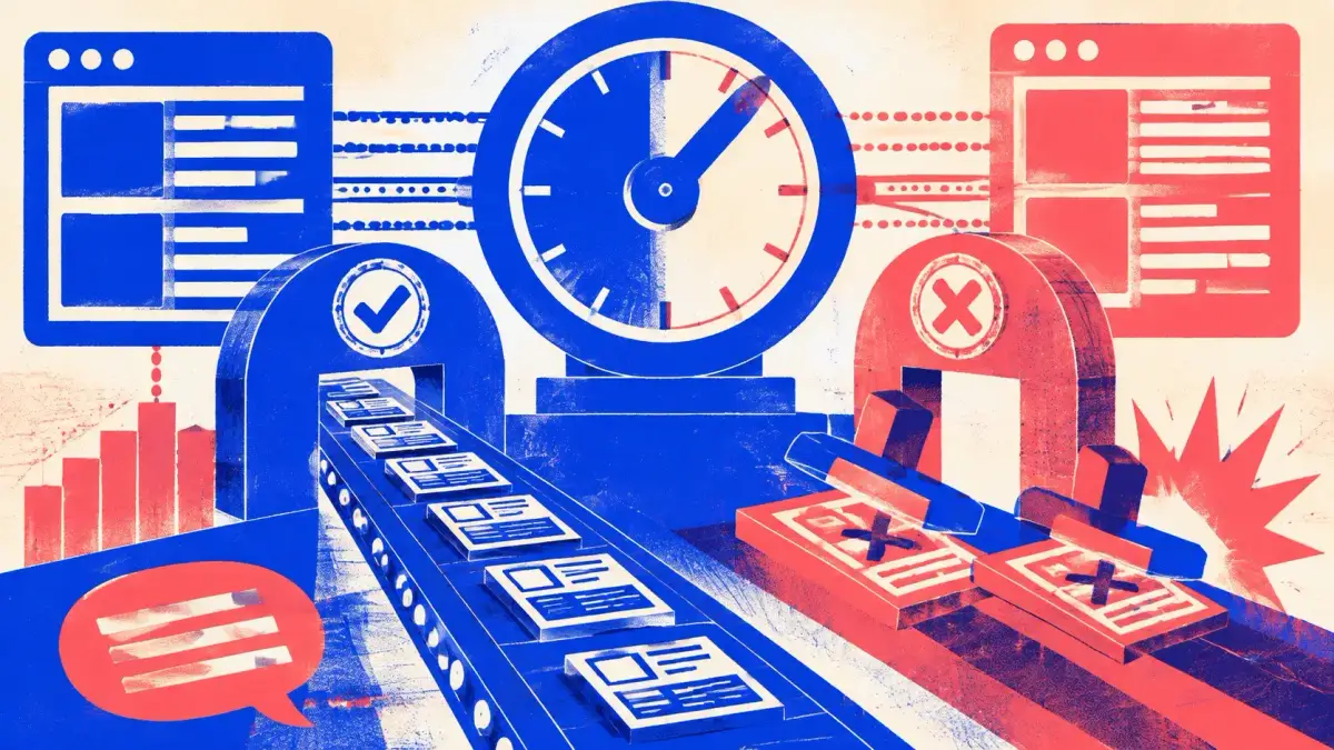 A scheduling dial feeding article cards into a site panel while a gate stamp rejects two of them