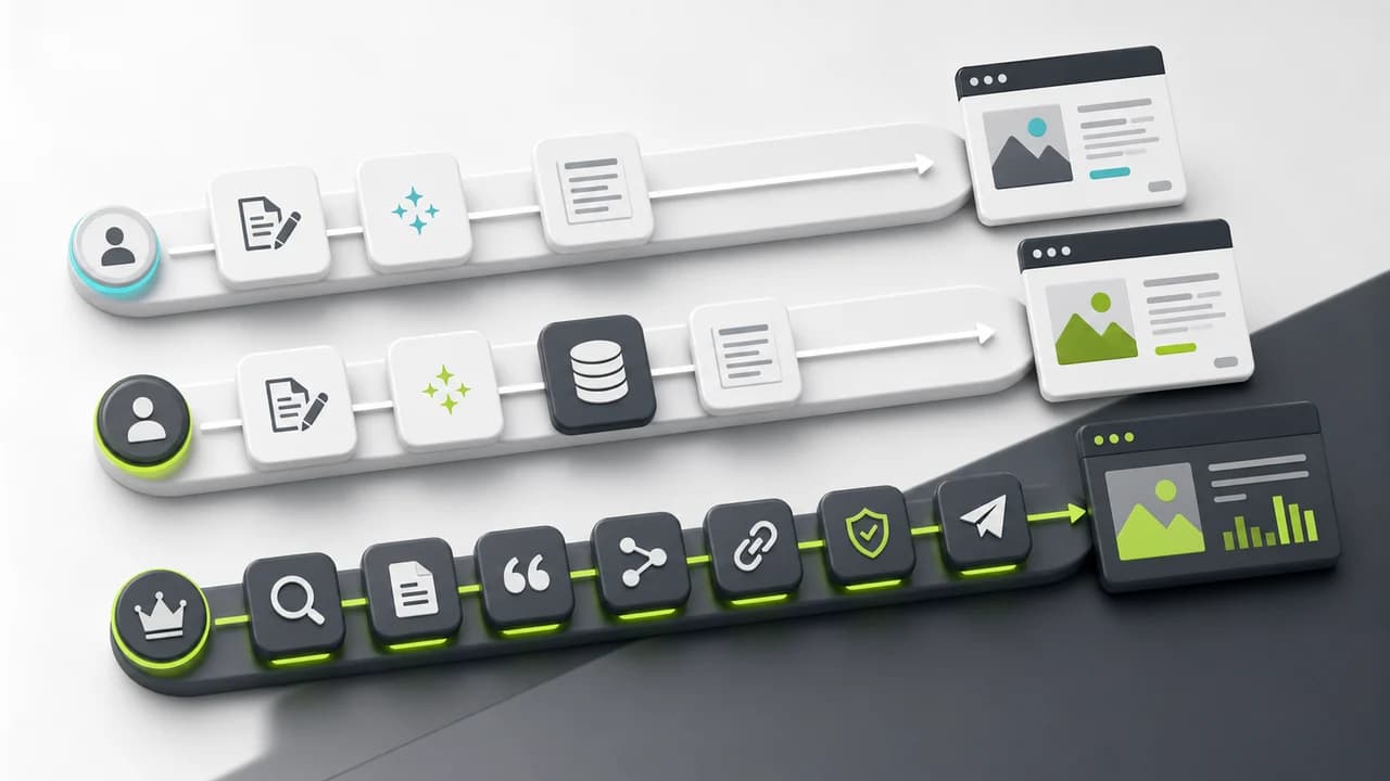 Illustration comparing simple AI writing, CMS publishing, and a full SEO publishing pipeline