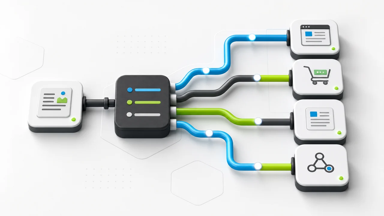 Illustration of one blog article routing to multiple CMS publishing paths