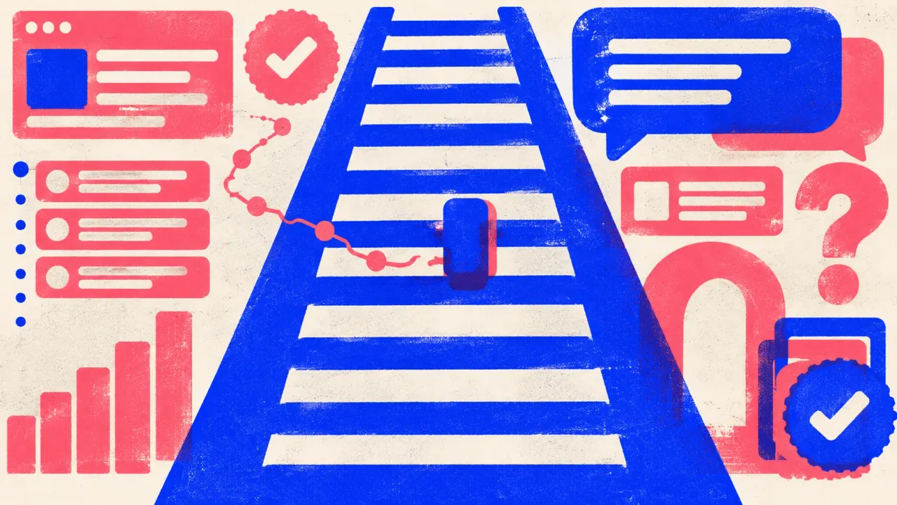 Editorial illustration: a flat ten-rung position ladder with a marker clamped to a middle rung and a thread trailing behind it