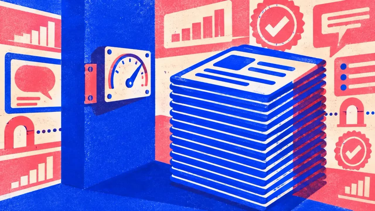 Editorial illustration: a small measuring gauge bolted to a wall beside a tall stack of finished page cards