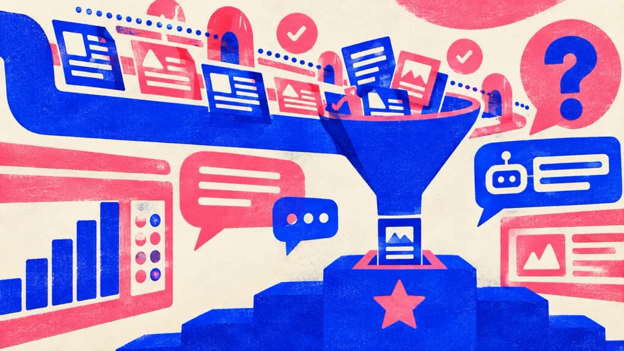 Editorial illustration: a pipe of published page cards feeding a funnel that narrows into a single ranked slot