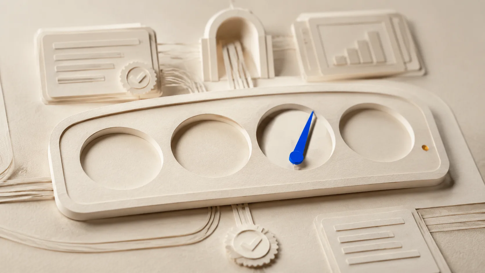 Editorial illustration: an instrument panel of dials with only one reading anything