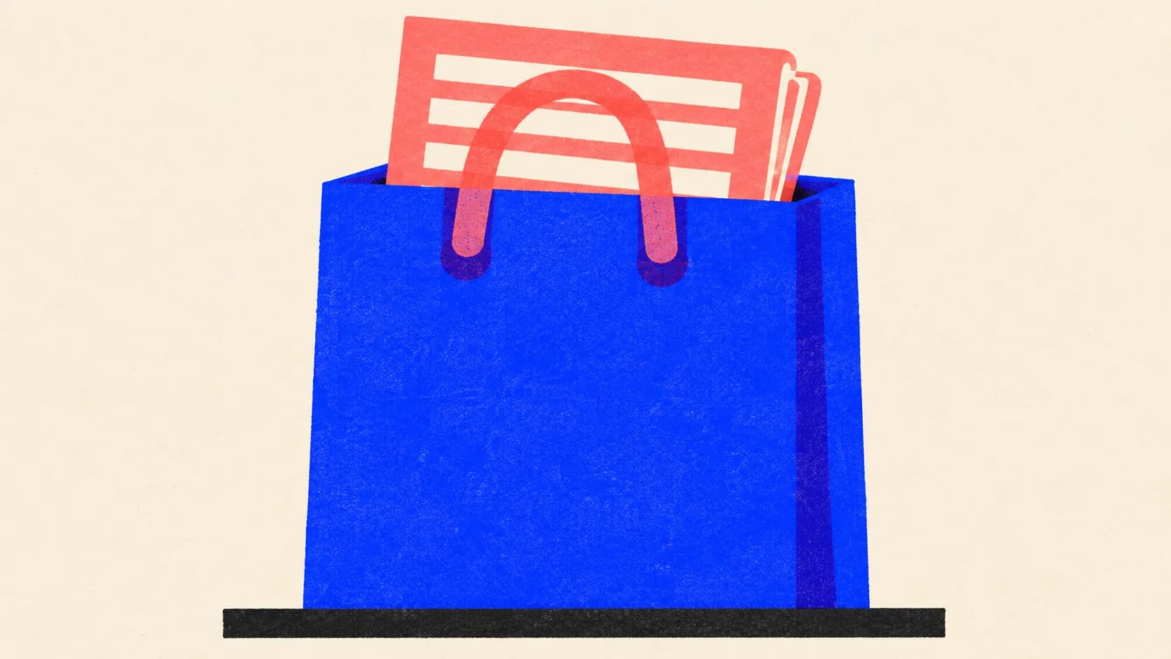 Editorial illustration: a store shopping bag carrying one folded newspaper