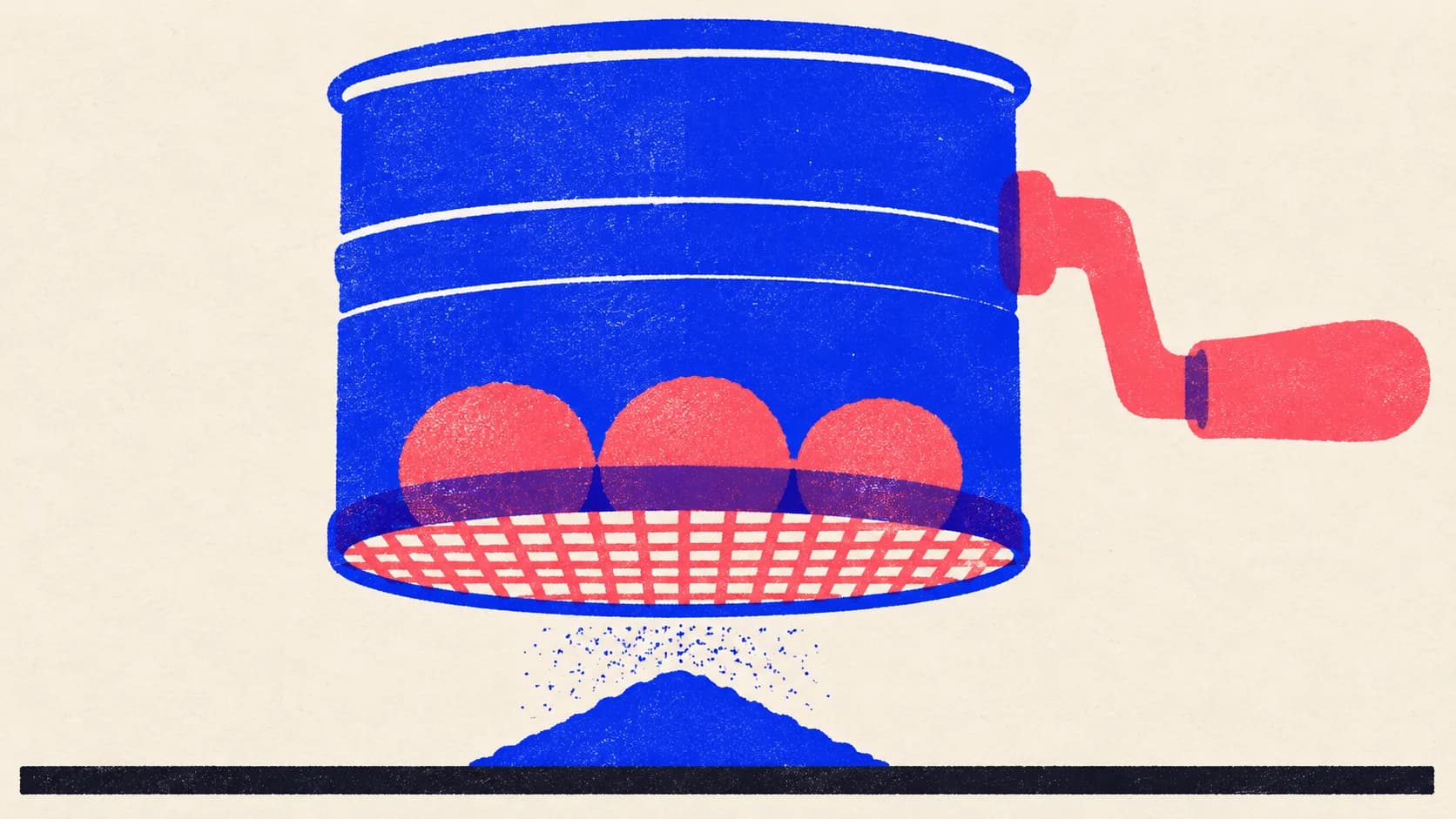 Editorial illustration: a crank flour sifter catching three lumps above a neat sifted pile