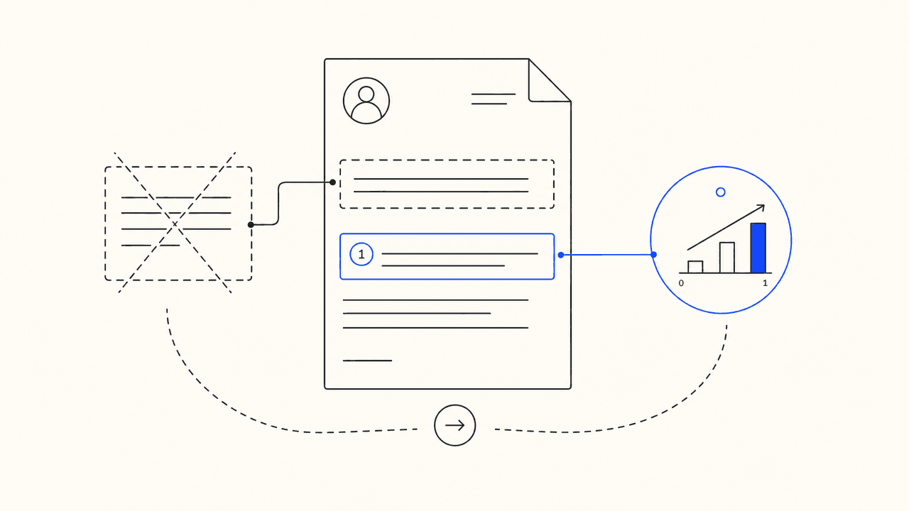 Editorial illustration: a generic cover letter opener crossed out next to a quantified result line highlighted in cobalt