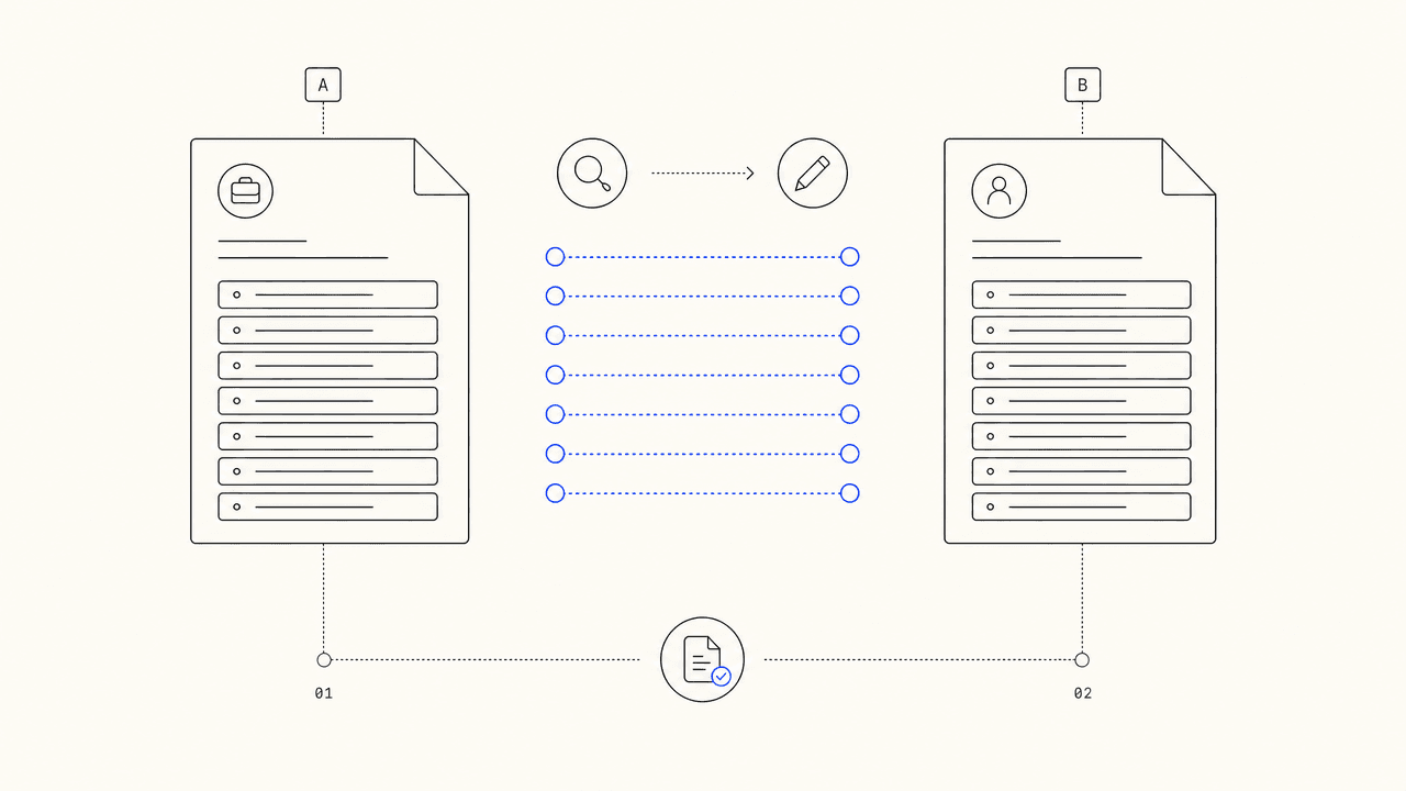 Editorial illustration: two documents connected by cobalt dotted lines through phrase chips, mirroring vocabulary from a job description into a cover letter