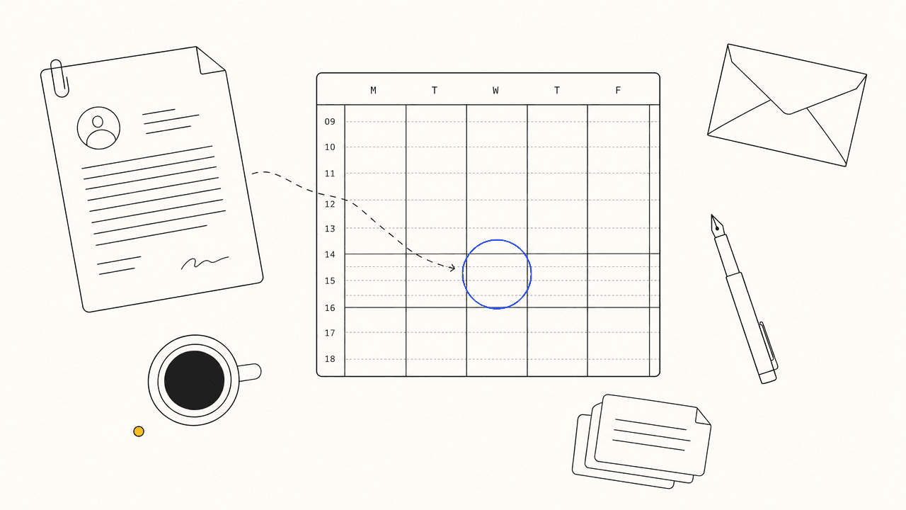 Editorial illustration: a top-down weekly calendar with one fifteen-minute slot circled in cobalt, suggesting a specific scheduling ask
