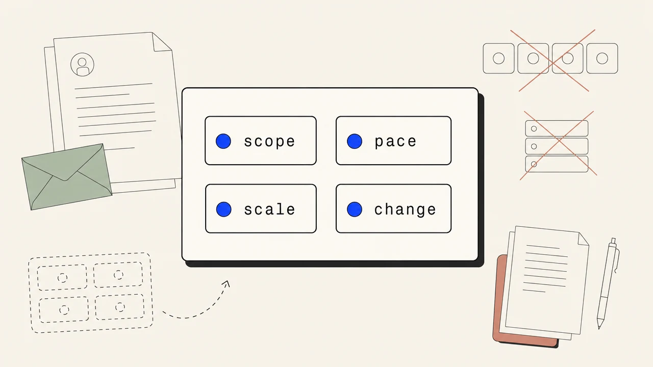 Editorial illustration: four labelled badges arranged in a grid — scope, pace, scale, change — each anchored by a single cobalt dot, suggesting four shapes of quantification