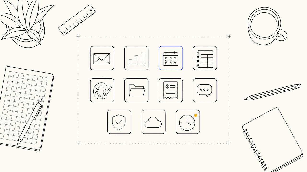 Editorial illustration: a flat workbench layout viewed from above, eleven small monoline tool icons arranged in a grid with one icon highlighted in cobalt