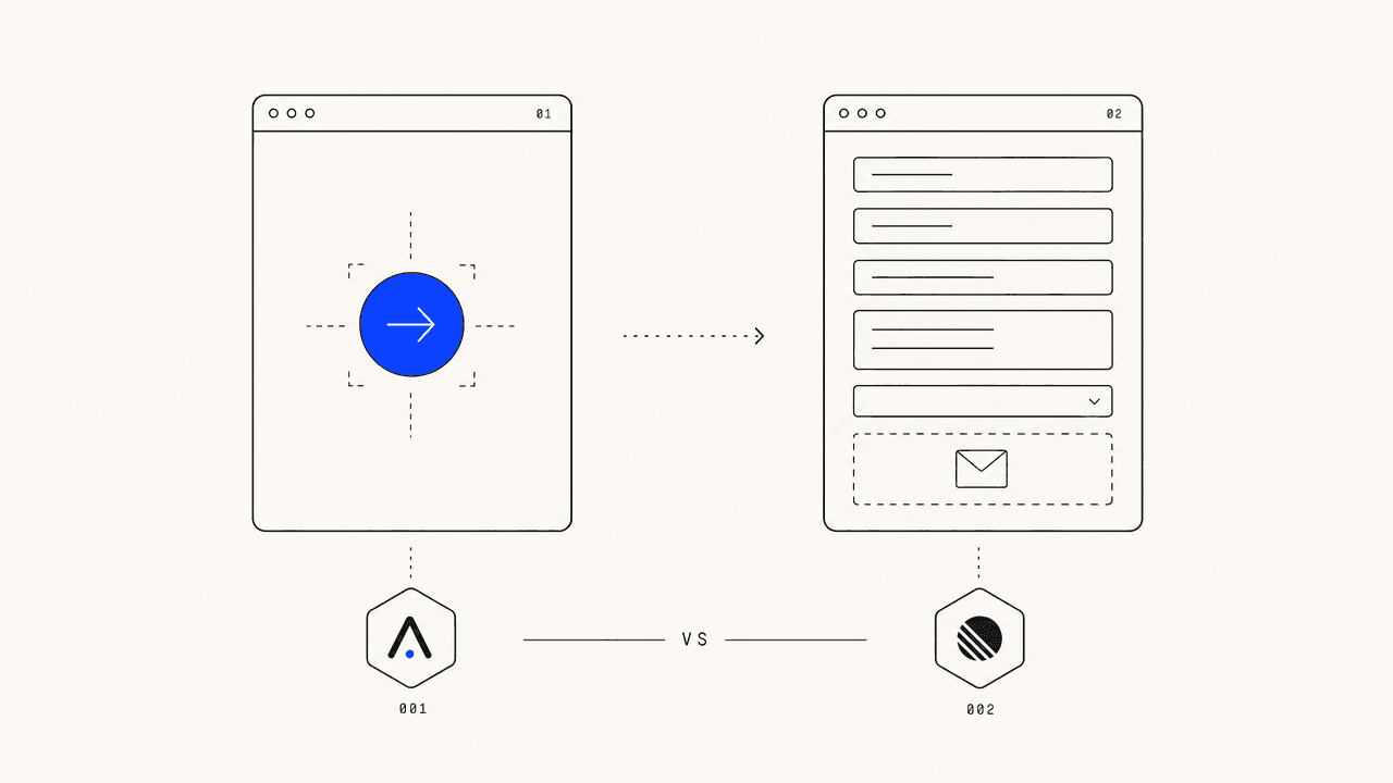 Editorial illustration: two cancellation flows compared. A single round cobalt button with an arrow on the left, a long form stack with a mail icon on the right