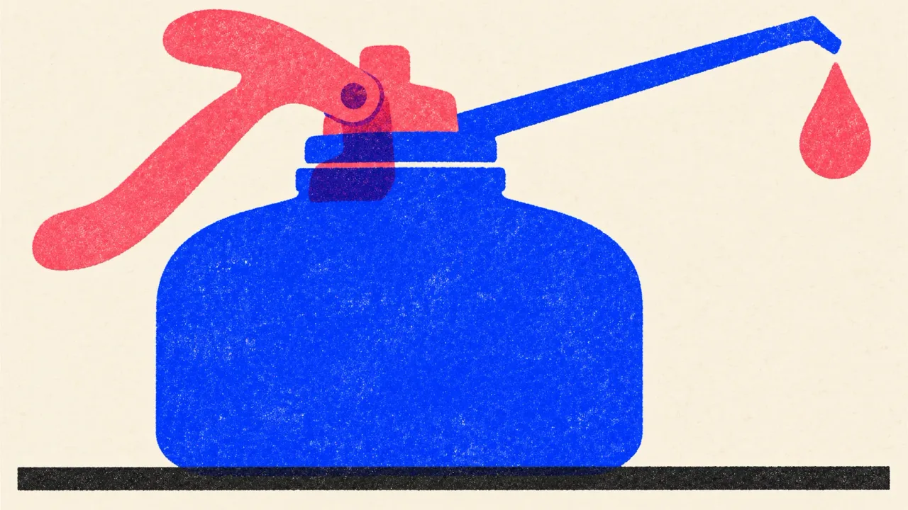 Editorial illustration: a pump oil can letting one drop fall, standing for maintaining a page you already have instead of building a new one