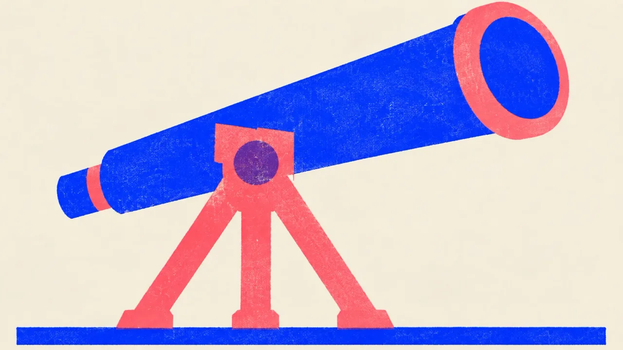 Editorial illustration: a large cobalt telescope on a coral tripod, standing for the long-horizon work Claude's docs reserve for Fable 5.1
