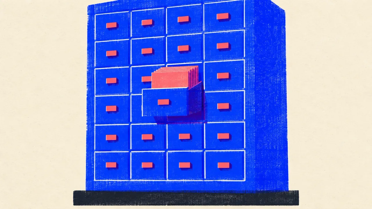 Editorial illustration: a cobalt card-catalog cabinet with one drawer pulled out and packed with coral index cards, standing for a large research pack