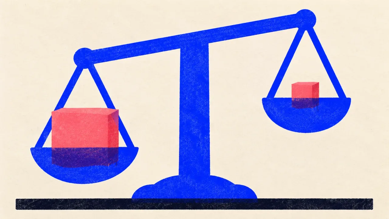 Editorial illustration: a cobalt balance scale tipped by a large coral block against a small one, standing for the price gap between Fable 5.1 and Opus 5.5