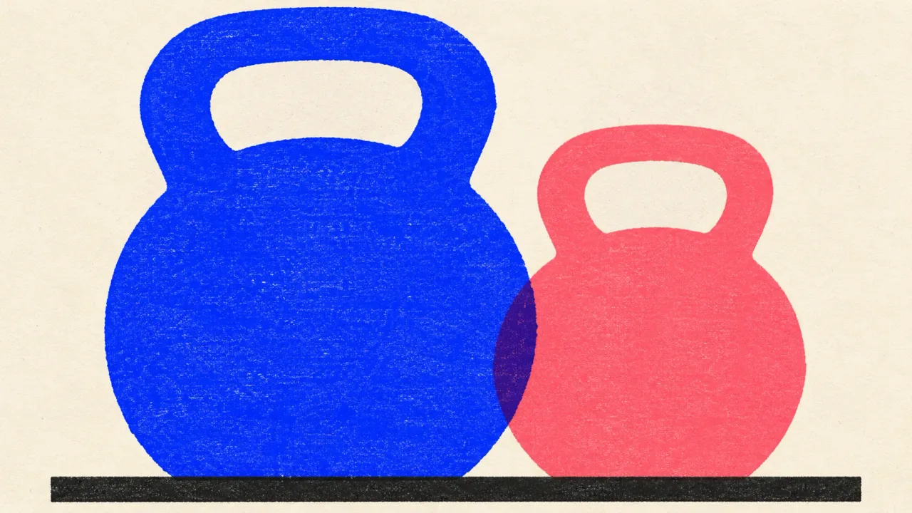 Editorial illustration: a large cobalt kettlebell beside a smaller coral one on the same bar, standing for two model sizes doing the same work