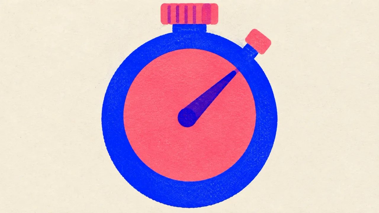 Editorial illustration: a cobalt stopwatch with one hand, standing for the time and cost of one finished draft