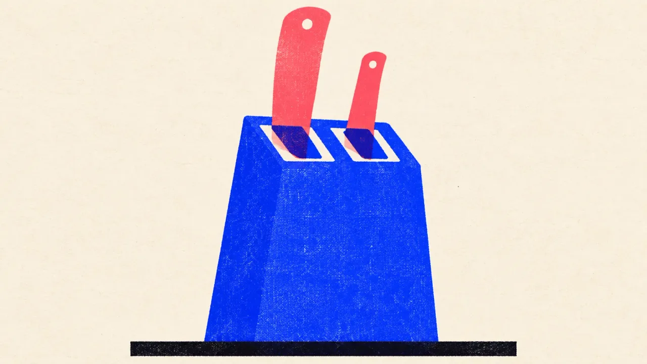 Editorial illustration: a cobalt knife block holding one long and one short knife, standing for picking the right model for each writing job