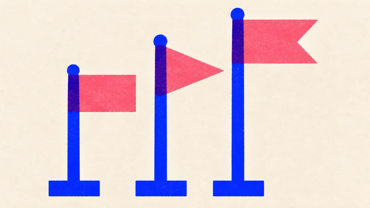 Editorial illustration: three flagpoles of different heights, each flying a differently cut flag, standing for the three Claude bots and their three jobs