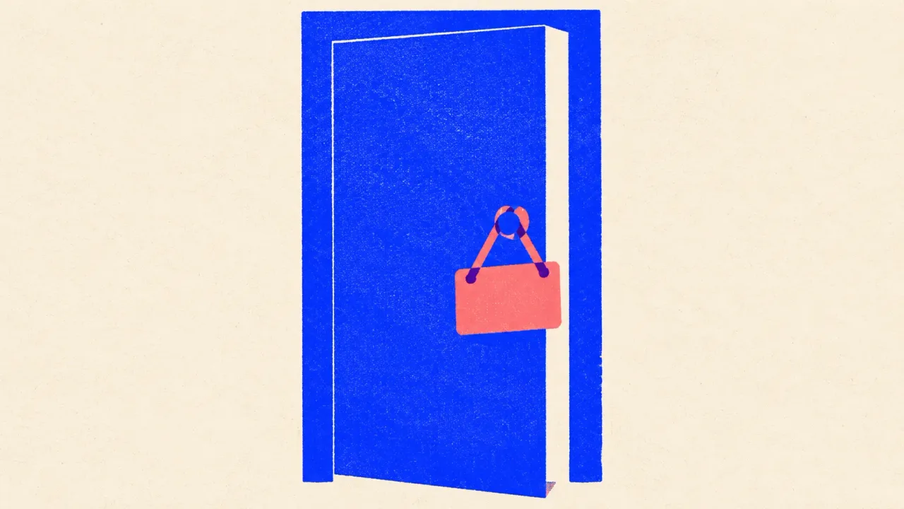 Editorial illustration: a door standing ajar with a blank sign hanging from its handle, standing for robots.txt as the notice a crawler reads before it comes in