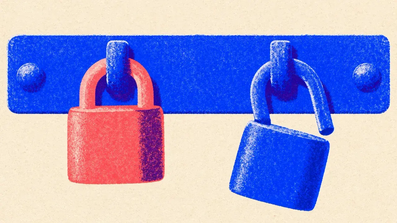 Editorial illustration: a hasp plate with one padlock locked shut and one hanging open, standing for blocking the training bot while letting the search bots in