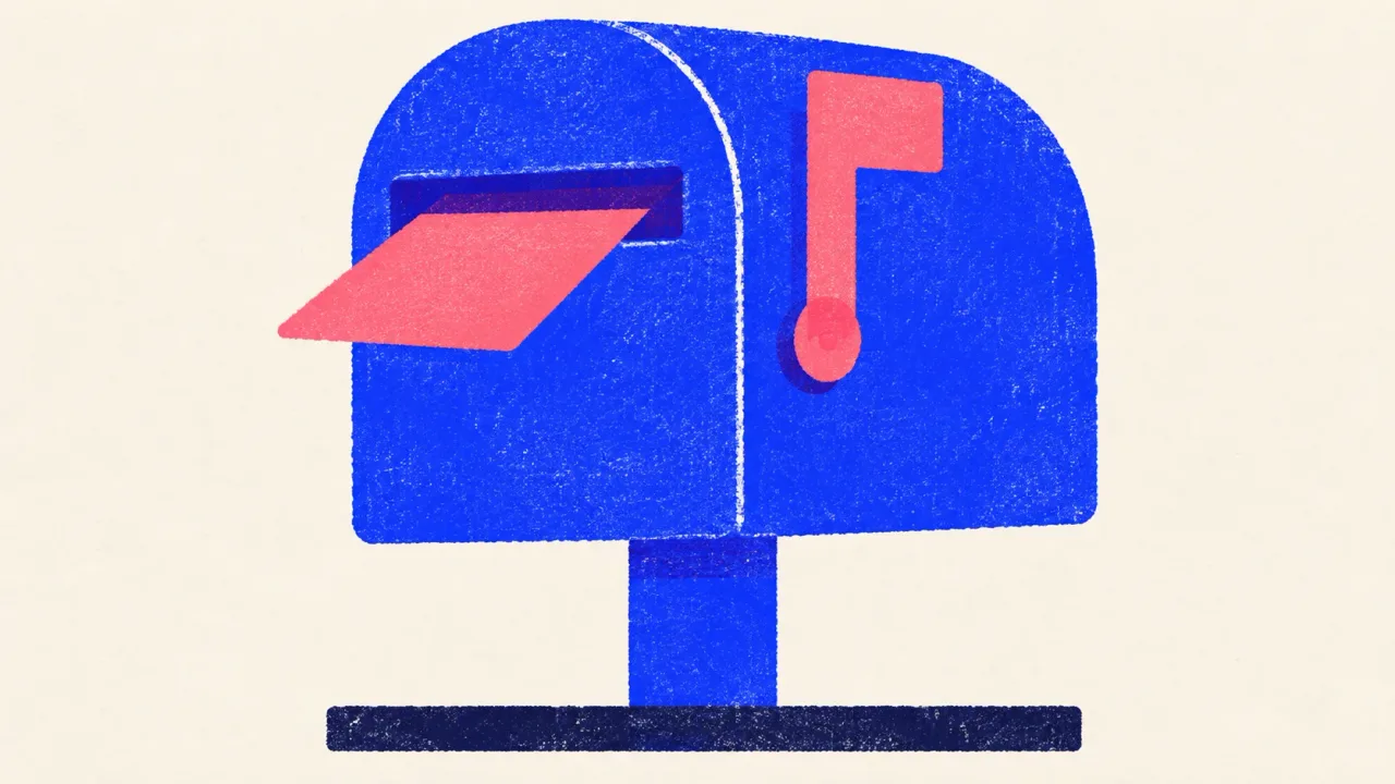 Editorial illustration: a street mailbox with one card left sticking out of its slot, standing for an llms.txt file that is rarely collected