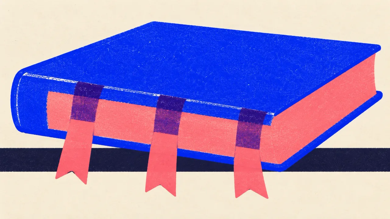 Editorial illustration: a closed hardback book with three bookmark ribbons hanging out, standing for a short reading list into a larger site