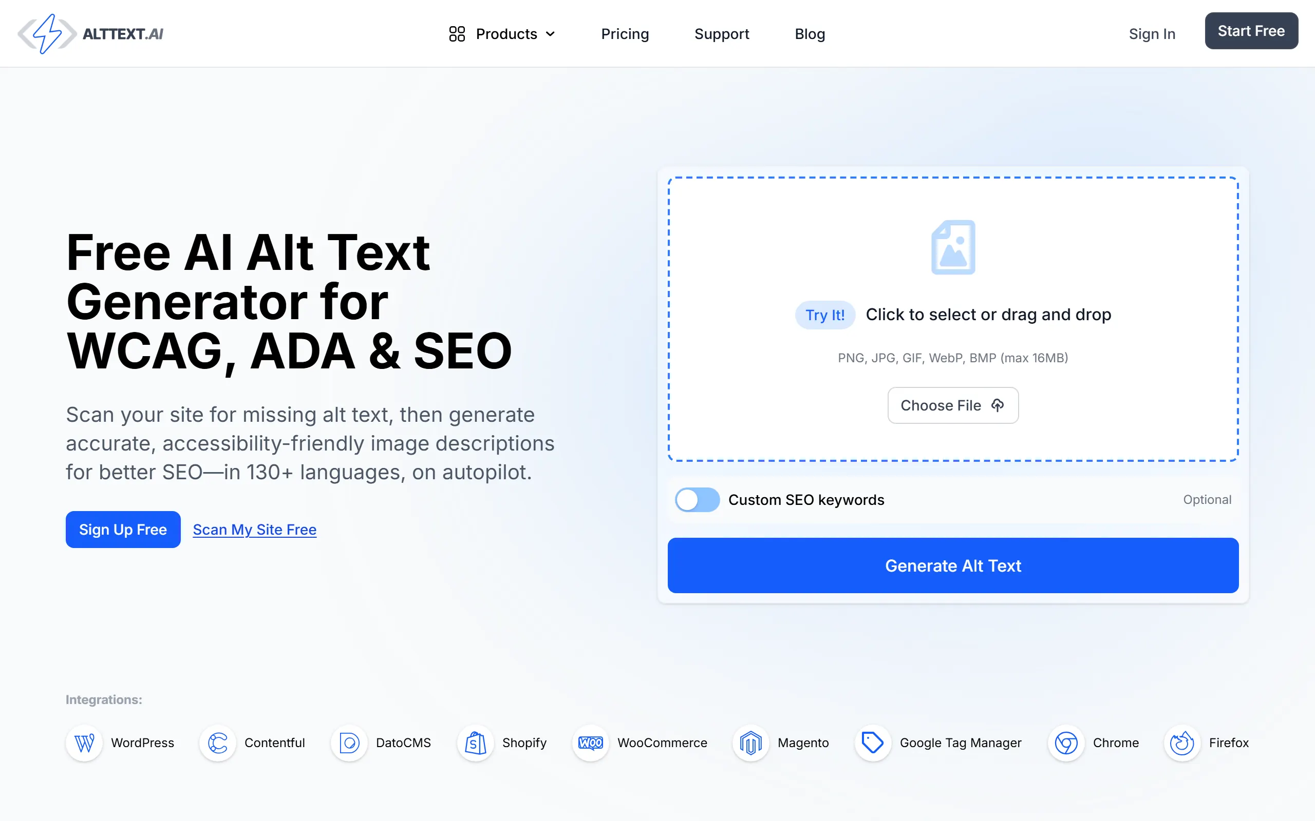 AltText.ai homepage showing the alt text generator