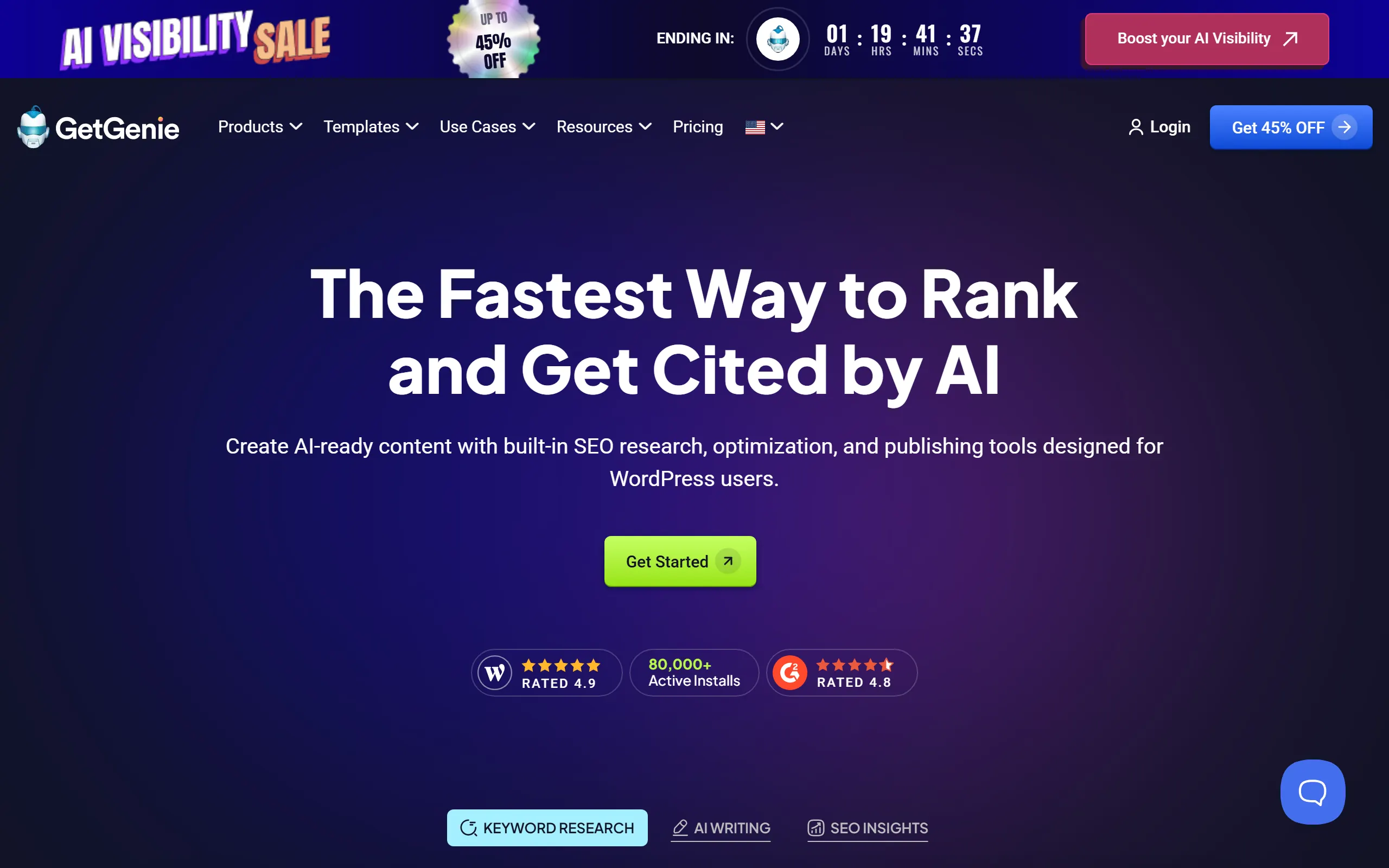 GetGenie AI homepage showing keyword research and AI writing tabs