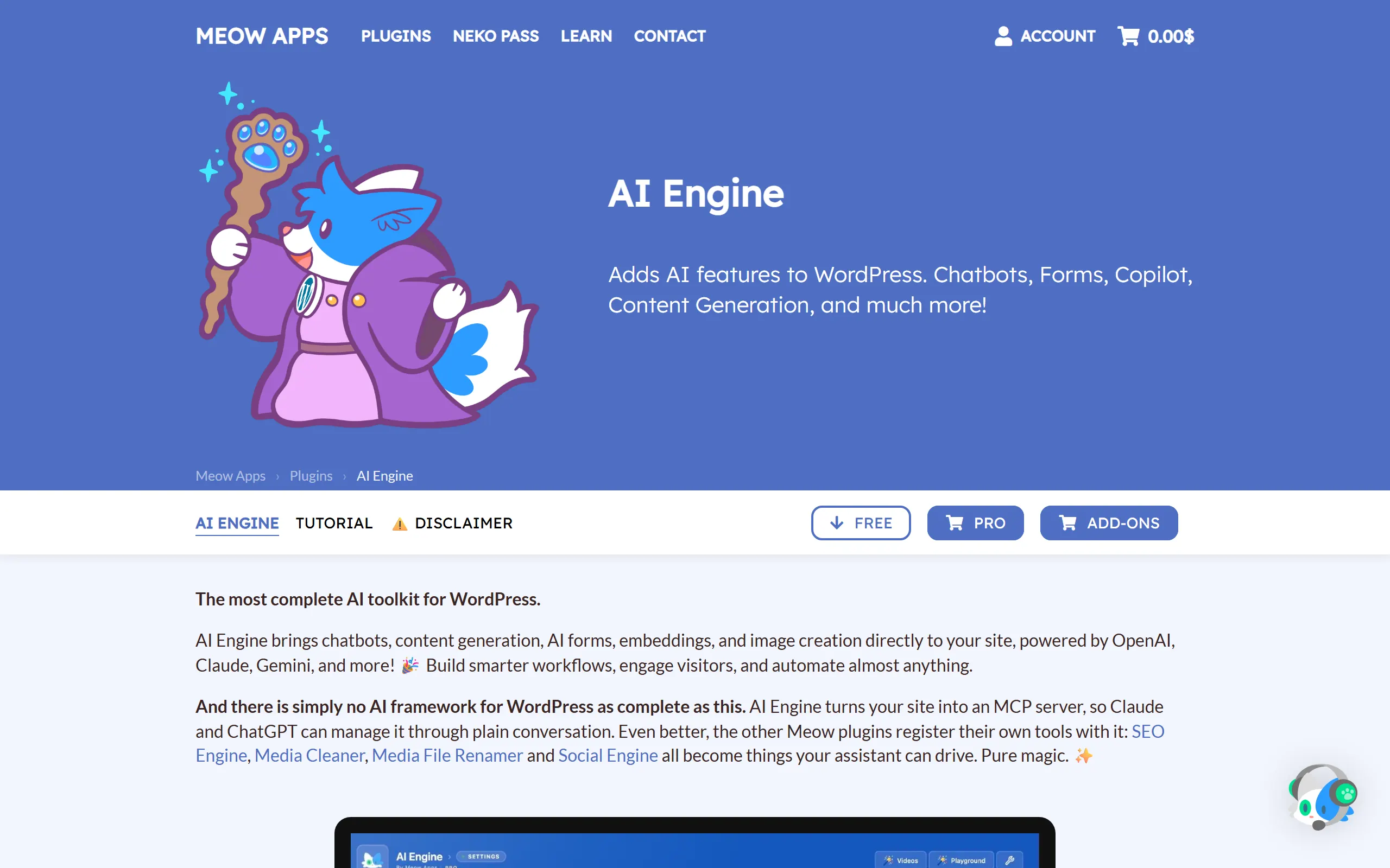 AI Engine plugin product page by Meow Apps